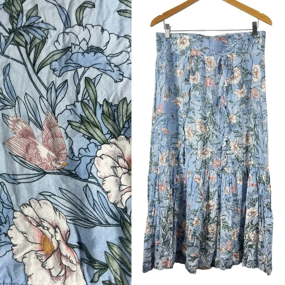 BYRD New York Midi Floral Bird Tiered Ruffle Skirt Large